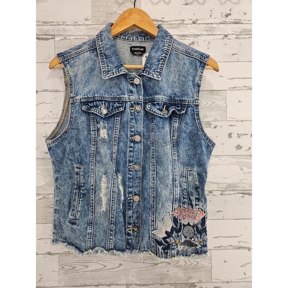 Bebe Womens Distressed Denim Vest Crete Wash Embroidered Rhinestone Mandala M